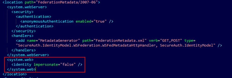 web.config showing the FederationMetadata/2007-06 location section with identity impersonate set to false added inside a system.web element.