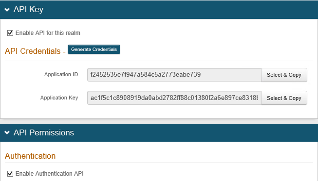 The realm's API Key section, with Enable API for this realm checked and Application ID and Application Key generated under API Credentials.