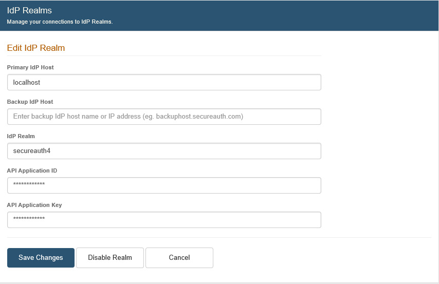 The RADIUS server's Edit IdP Realm settings, with API Application ID and API Application Key fields populated (masked).