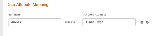 Data Attribute Mapping, with IdP field auxId3 mapped to RADIUS Attribute Tunnel-Type as an example.