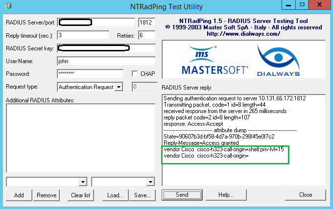 NTRadPing Test Utility showing a RADIUS server reply containing vendor Cisco cisco-h323-call-origin=shell:priv-lvl=15.