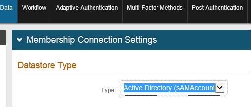 The Data tab's Membership Connection Settings, showing Datastore Type set to Active Directory (sAMAccountName).