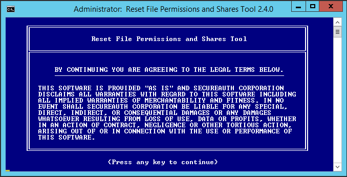 The Reset File Permissions and Shares Tool's opening legal terms screen in an administrator command prompt.