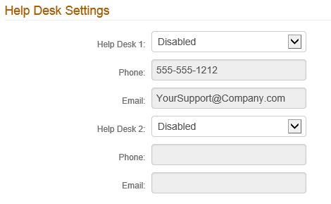 Help Desk Settings on the Multi-Factor Methods tab, with Help Desk 1 and Help Desk 2 fields for Phone and Email.
