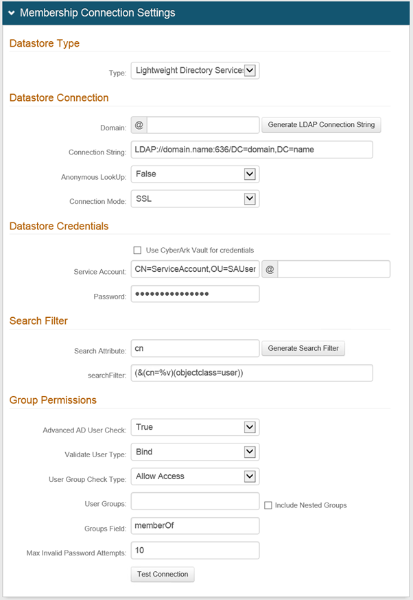 Membership Connection Settings for an AD LDS datastore, with the Domain field left blank and Service Account set to a full distinguished name.