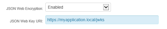 Client Details with JSON Web Encryption set to Enabled and JSON Web Key URI set to an example JWKS endpoint.