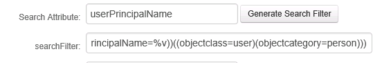 Search Attribute set to userPrincipalName, with a matching searchFilter.