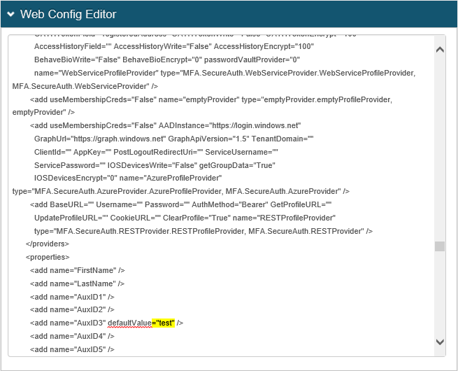 The realm's Web Config Editor, with defaultValue="test" added to the AuxID3 element.