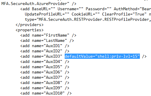 The realm's Web Config Editor, with defaultValue="shell:priv-lvl=15" added to the AuxID3 element.