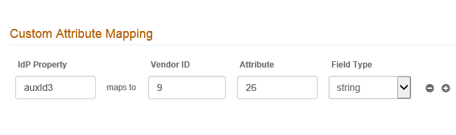 Custom Attribute Mapping, with IdP Property auxId3 mapped to Vendor ID 9 and Attribute 26, Field Type string.