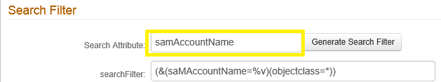 The Search Filter section, with Search Attribute set to samAccountName and searchFilter set to (&(saMAccountName=%v)(objectclass=*)).