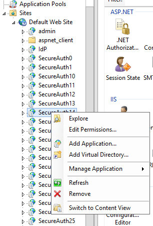 Right-clicking a realm in IIS Manager, showing Edit Permissions in the context menu.