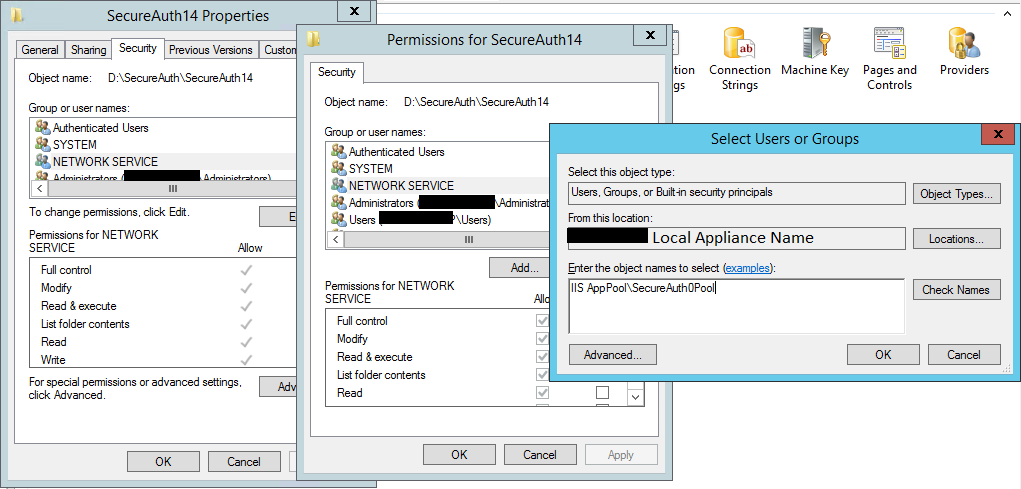 The realm folder's Security tab and the Select Users or Groups dialog, adding IIS AppPool\SecureAuth0Pool as an object name.