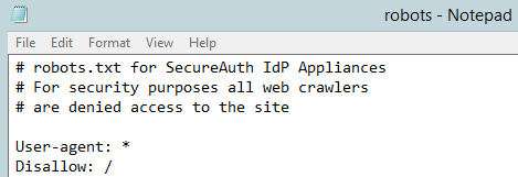 A robots.txt file open in Notepad, with User-agent set to * and Disallow set to / to block all web crawlers from the site.