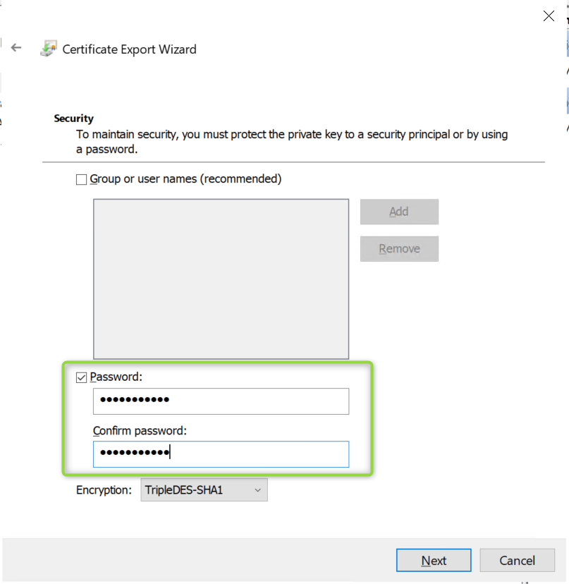 Certificate Export Wizard Security page with the Password checkbox checked and a password entered in both the Password and Confirm password fields.