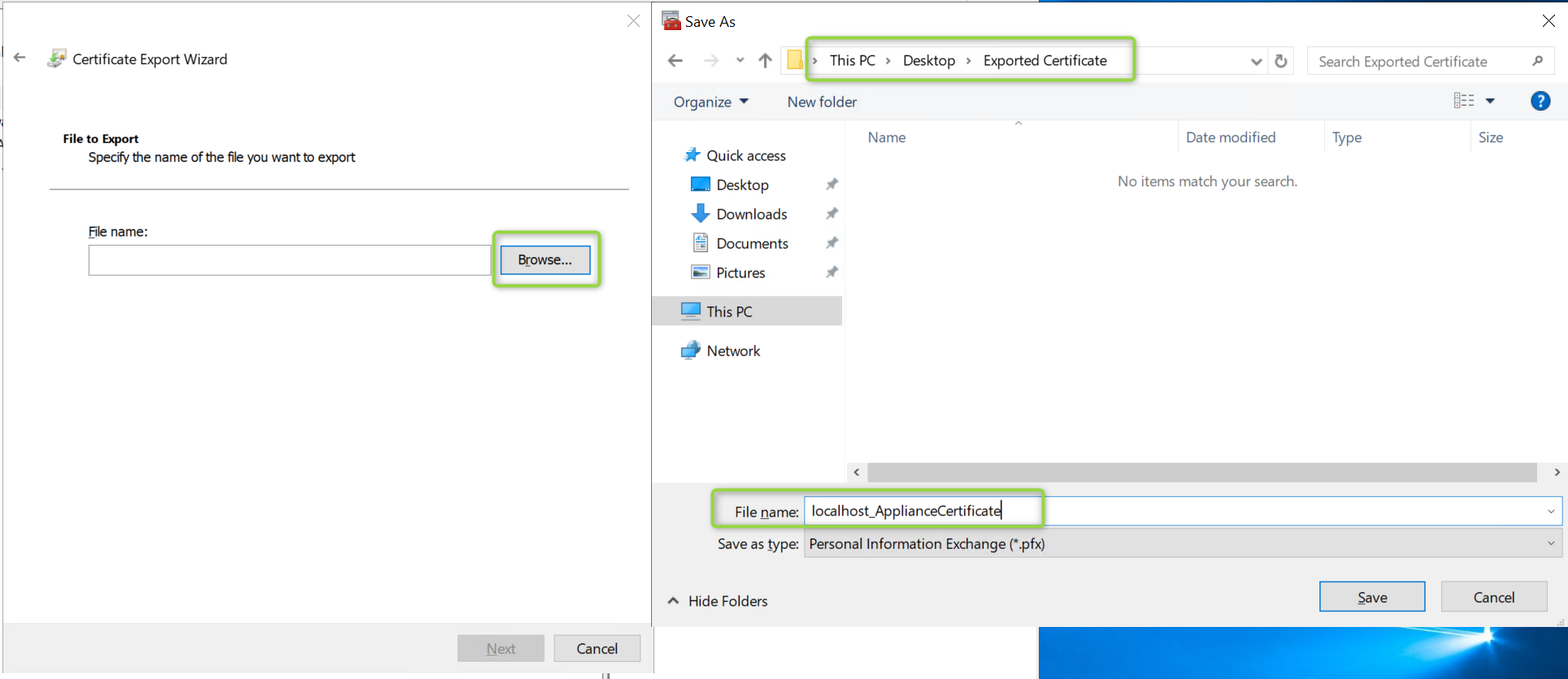 Certificate Export Wizard File to Export page with the Save As dialog open, showing a file name entered and Personal Information Exchange (*.pfx) selected as the save type.