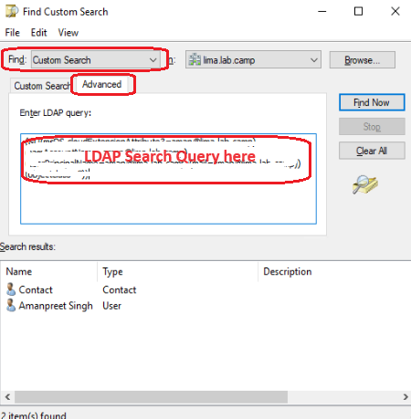Active Directory Users and Computers Custom Search Advanced tab, showing an LDAP query that returns two objects — a Contact and a User — for the same search value.