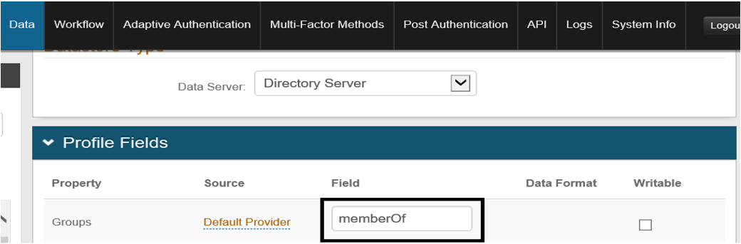 The Data tab's Profile Fields section, showing the Groups property mapped to the memberOf attribute in the Field column.