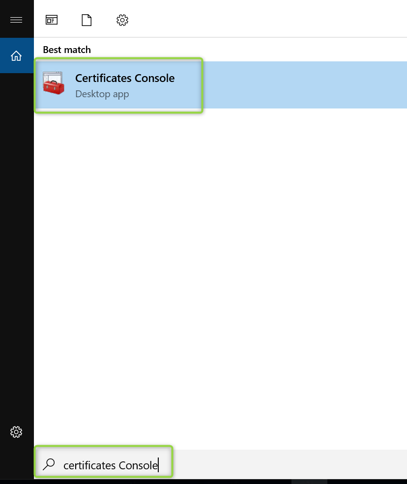 Windows search results showing the Certificates Console desktop app as the best match.