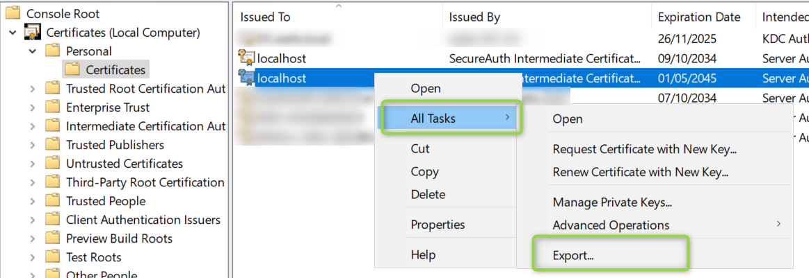 Certificates Console with a localhost certificate selected, right-click menu open showing All Tasks then Export.