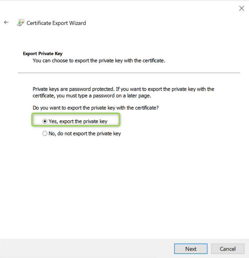 Certificate Export Wizard Export Private Key page with Yes, export the private key selected.