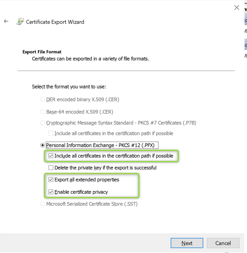 Certificate Export Wizard Export File Format page with PKCS #12 (.PFX) selected and three checkboxes checked: include all certificates in the certification path, export all extended properties, and enable certificate privacy.