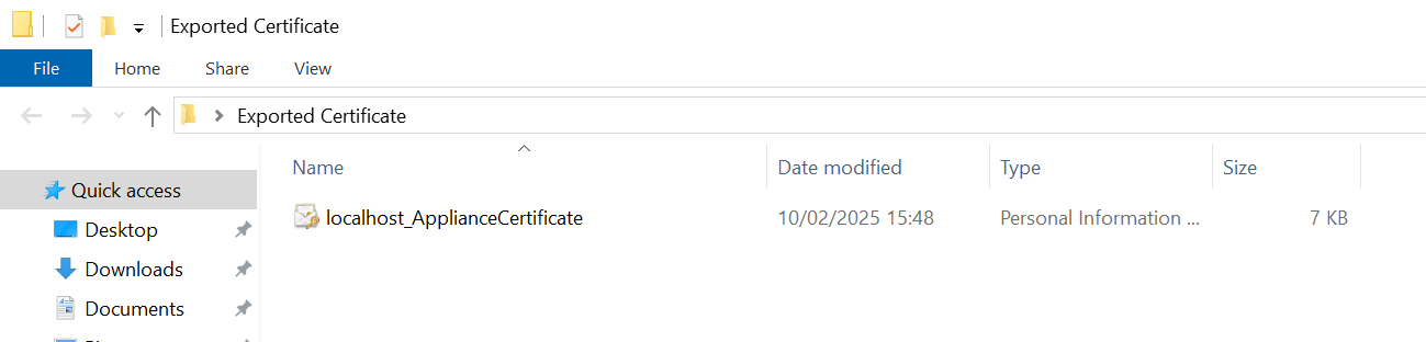 File Explorer window showing the exported PFX file in the destination folder.