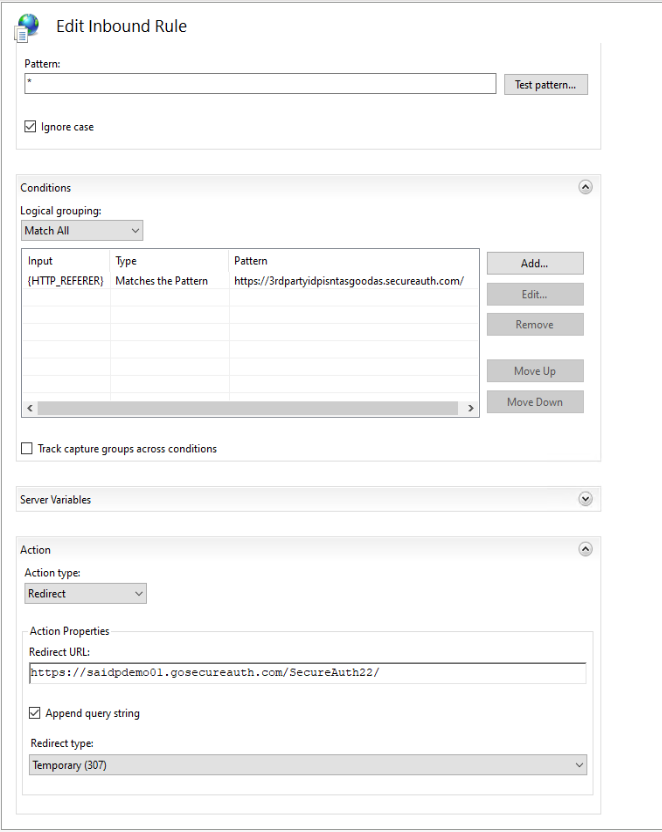 IIS Edit Inbound Rule dialog showing a condition matching {HTTP_REFERER} against a 3rd-party IdP domain, with the action set to redirect to the SAML consumer realm, Append query string checked, and Redirect type set to Temporary (307).