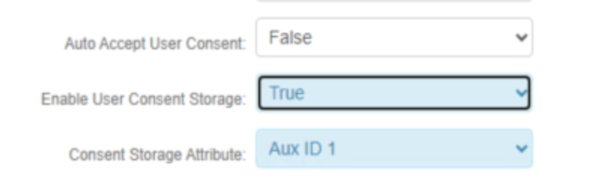 Post Authentication settings showing Auto Accept User Consent set to False, Enable User Consent Storage set to True, and Consent Storage Attribute set to Aux ID 1.