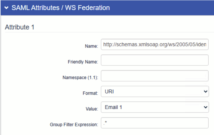 SAML Attributes / WS Federation panel in the Admin Console, showing Attribute 1 set to the email address claim URI with Format set to URI and Value set to Email 1.