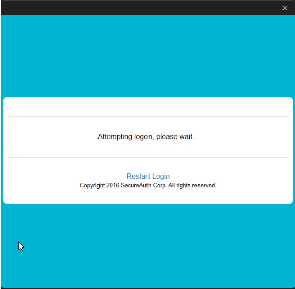 The SecureAuth login screen stuck on 'Attempting logon, please wait...' with only a Restart Login link available below it.