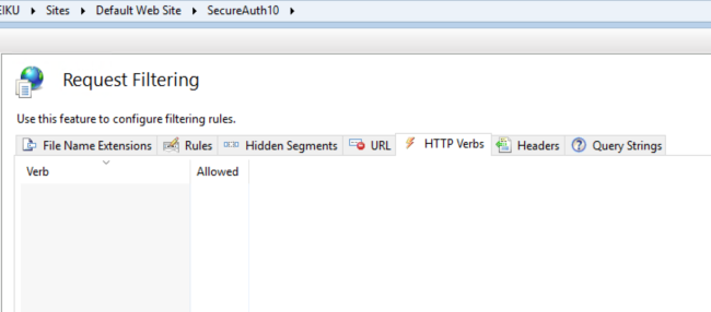 The same IIS HTTP Verbs tab with the list now empty, confirming the OPTIONS filter has been removed.