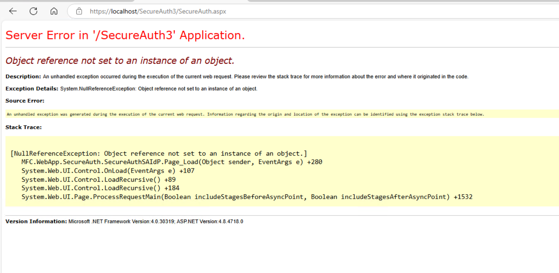 An ASP.NET server error page reading 'Object reference not set to an instance of an object,' with a NullReferenceException stack trace pointing to SecureAuthSAIdP.Page_Load.