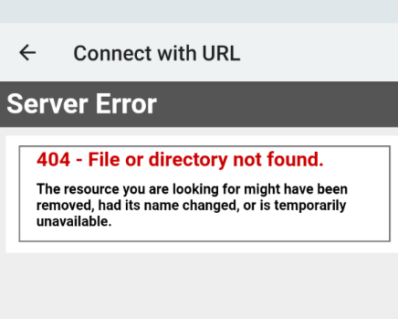 The Authenticate app's Connect with URL screen showing a Server Error: 404 - File or directory not found.