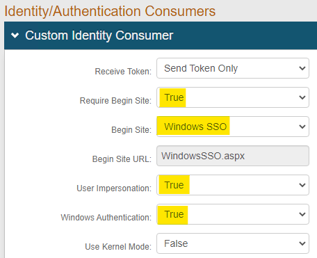 Custom Identity Consumer section of the Workflow tab, with Require Begin Site, Begin Site, User Impersonation, and Windows Authentication highlighted