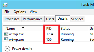 Task Manager Details tab with the PID column highlighted, matching a w3wp.exe entry to the Process Id noted from IIS Manager