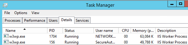 Task Manager Details tab showing two w3wp.exe processes with different PIDs, with no indication of which Application Pool each one is running