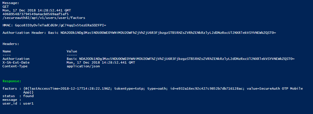 PowerShell console output showing the computed HMAC, the generated Authorization header, the full request headers, and the API response for a user's factors