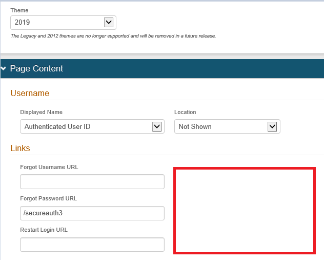 Overview tab's Links section showing the Forgot Username URL, Forgot Password URL, and Restart Login URL fields, with the area where each link's Location dropdown should appear highlighted as empty