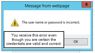 Message box reading: The user name or password is incorrect, with a note that this error occurs even though the credentials are valid and correct