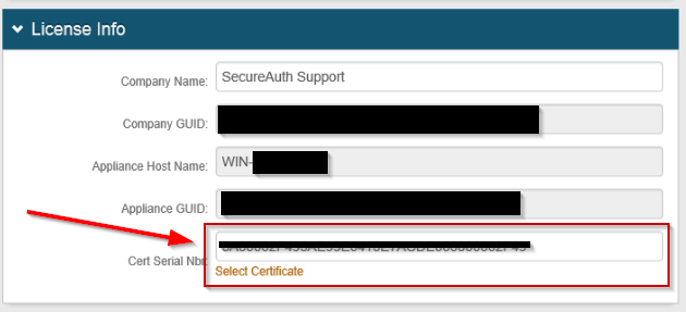License Info section with the Cert Serial Nbr field and the Select Certificate link highlighted