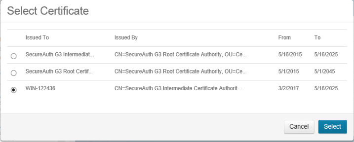 Select Certificate dialog listing available certificates issued by SecureAuth
