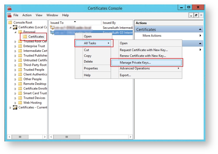 Certificates console with a certificate right-clicked, showing All Tasks and Manage Private Keys selected