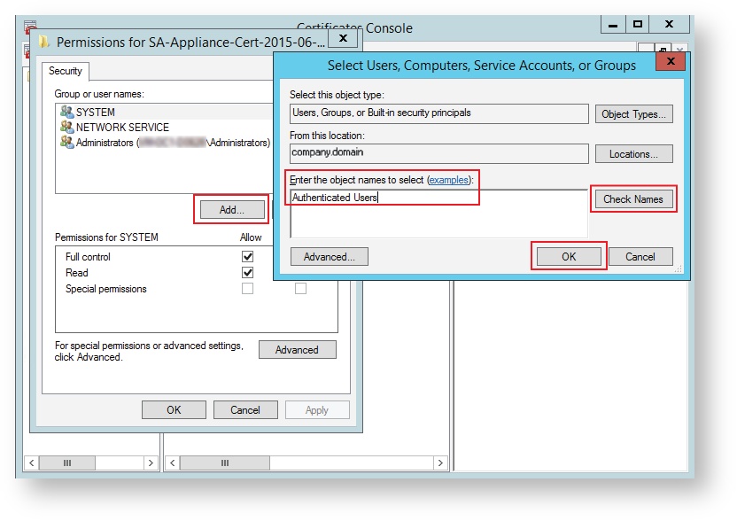 Permissions dialog with Add highlighted, and the Select Users, Computers, Service Accounts, or Groups dialog with Authenticated Users typed in and Check Names highlighted