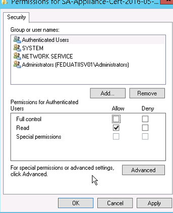 Permissions dialog showing Authenticated Users added to the group or user names list with Read access allowed