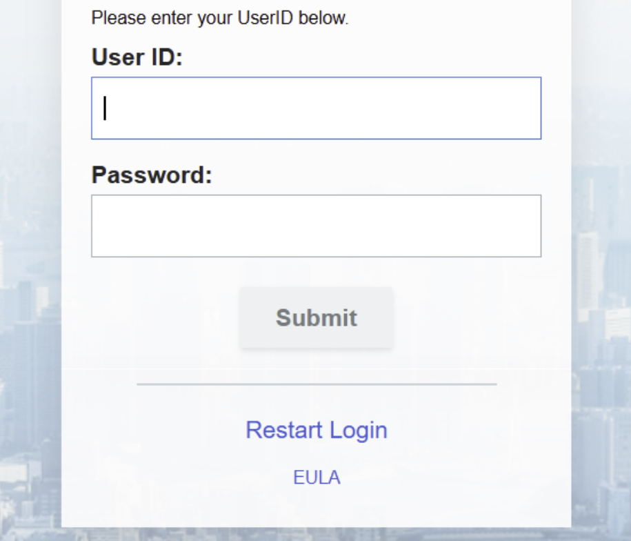 Realm login page showing a EULA link below the Restart Login link, beneath the Submit button.
