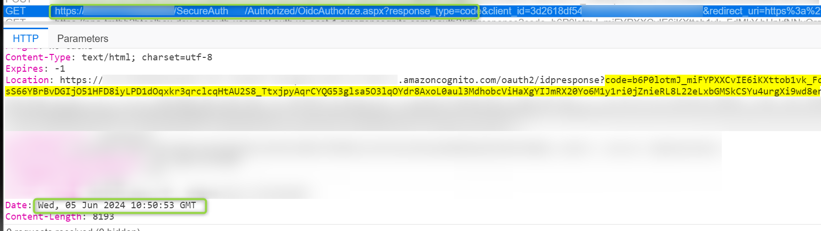 HTTP trace showing a GET request to OidcAuthorize.aspx with response_type=code and a redirect Location header returning the authorization code to the application, timestamped Wed, 05 Jun 2024 10:50:53 GMT.