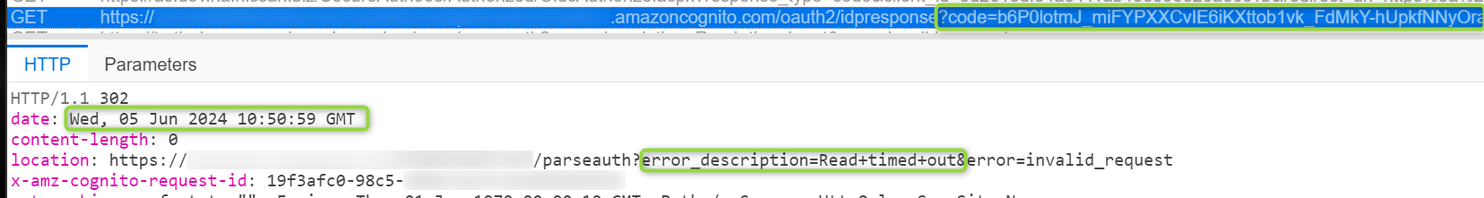 HTTP trace showing the token exchange request returning an HTTP 302 with a Location header of error_description=Read timed out&error=invalid_request, timestamped Wed, 05 Jun 2024 10:50:59 GMT.
