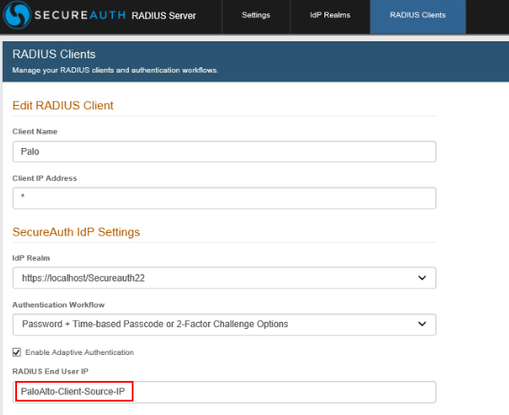 SecureAuth RADIUS Server's Edit RADIUS Client page, showing the RADIUS End User IP field set to PaloAlto-Client-Source-IP.