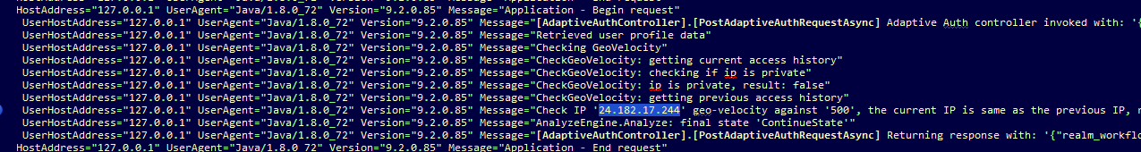 A SecureAuth debug log excerpt showing UserHostAddress as 127.0.0.1 on each line, while the AnalyzeEngine geo-velocity check correctly evaluates the real client IP address instead.